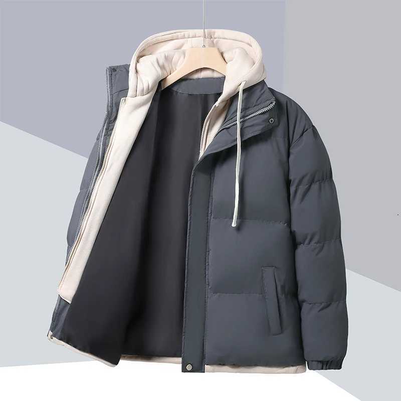Patchwork Hooded Puffer Jacket Mens Thick Warm Winter Jacket Mens Cotton Pads Windproof Parkas Fake Two Piece Jacket X241017