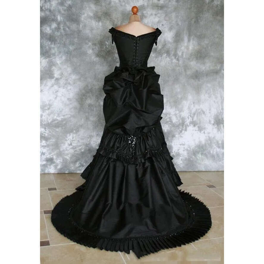 Taffeta Gothic Black Beaded Victorian Bustle Gown With Train Vampire Ball Masquerade Halloween Wedding Dress Bc2634