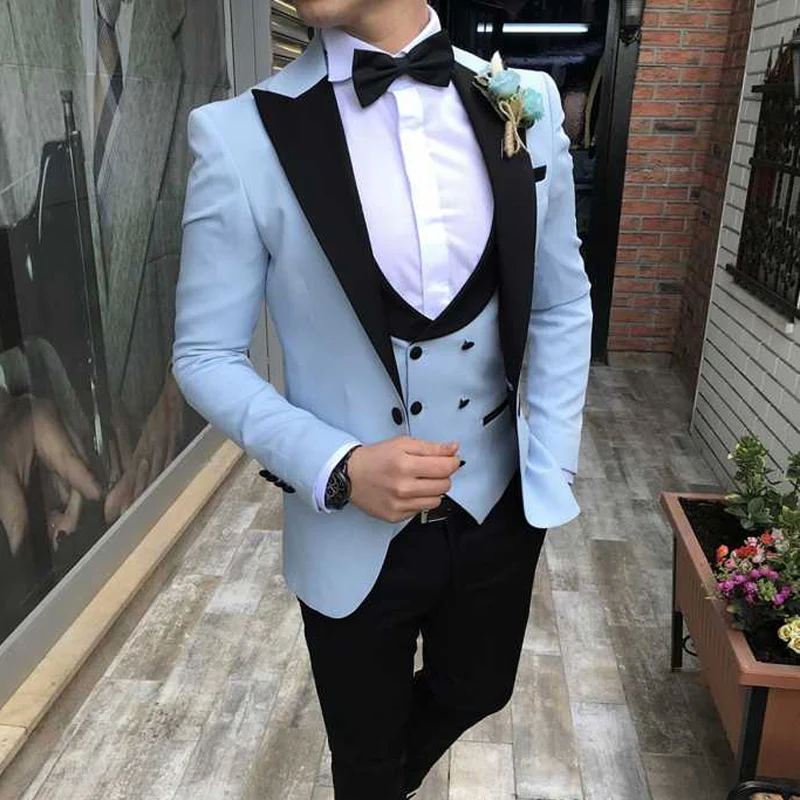 Slim Fit Men Suits For Wedding With Black Peaked Lapel Sky BLue Formal Groom Tuxedo 3 Piece Male Set Blazer Pants Vest Latest Style