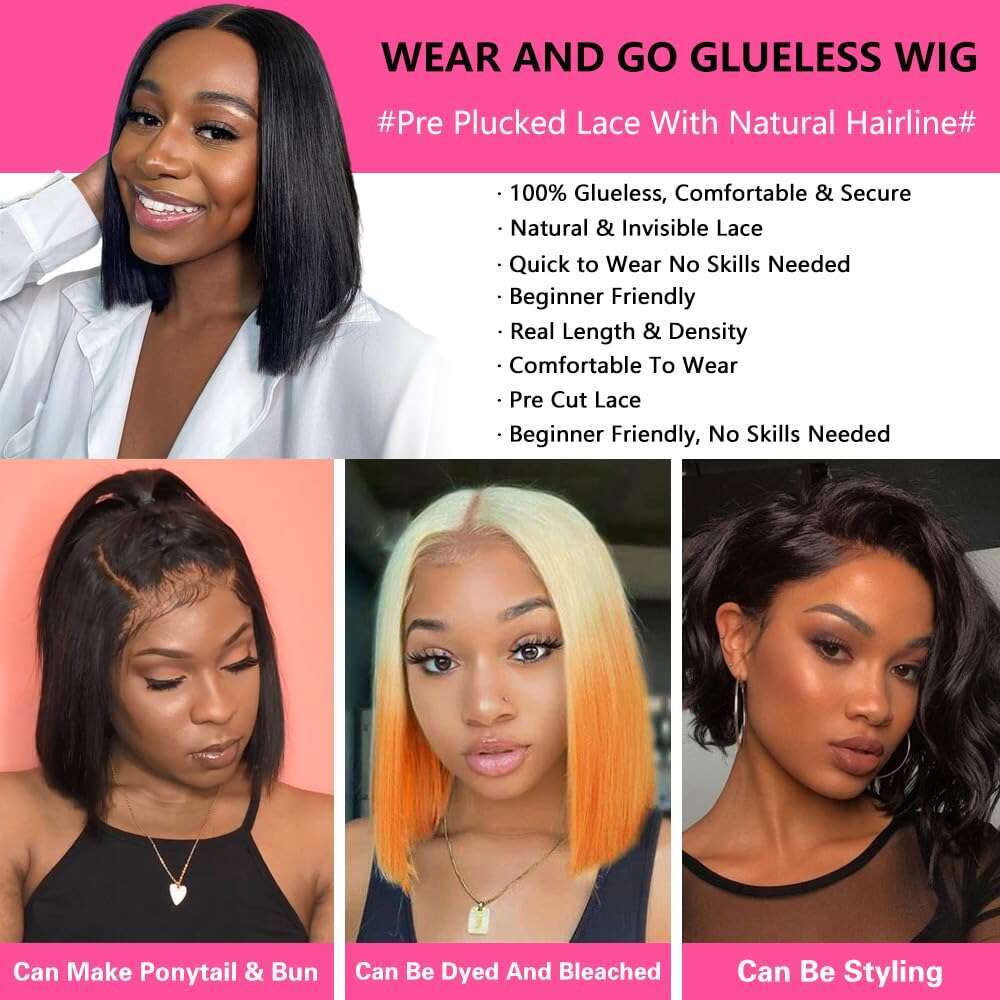 Wear And Go Glueless Bob Straight Pre Cut Human Hair Upgraded No Glue Lace Front Wigs For Women