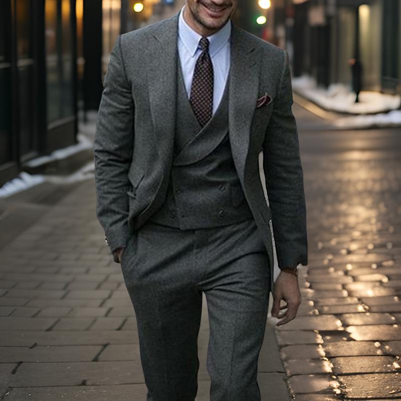 Gray Tweed Wool Men Suits for Winter Peaked Lapel 3 Piece Custom Wedding Groom Tuxedos Set Jacket Vest with Pants 2024 Fashion