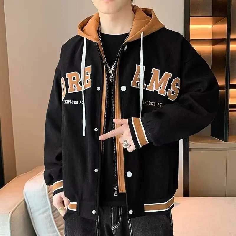 Mens hooded pocket cargo jacket high-quality mens clothing winter and autumn Japanese fashion loose mens jacket hooded baseball shirt M241017
