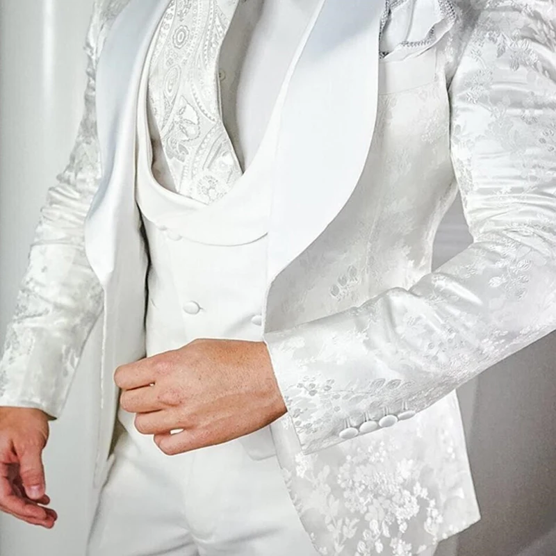 White Floral Wedding Tuxedo For Groom Slim Fit Men Suits With Satin Shawl Lapel Custom 3 Pieces Male Fashion Costume Jacket Vest