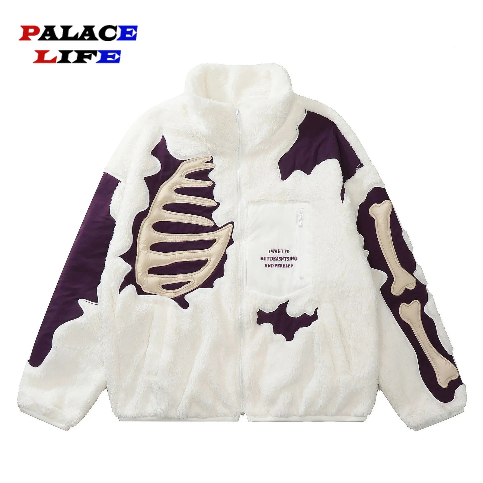 Hip Hop Fleece Warm Jacket Men Embroidery Skull Skeleton Bones Patch Lambswool Fuzzy Fluffy Coats Parka Harajuku Thicken Jackets 241017