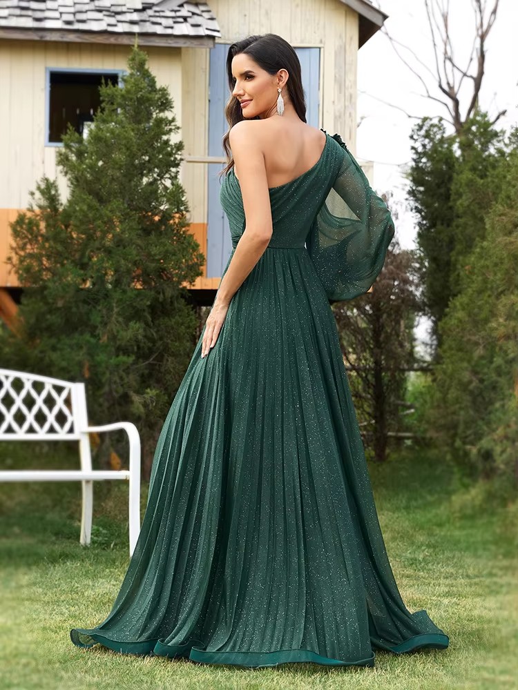Elegant one-shoulder Long Sleeves Sparkle Floor Length Evening Dress 2024 Green Flower Bridesmaid Party Cocktail Prom