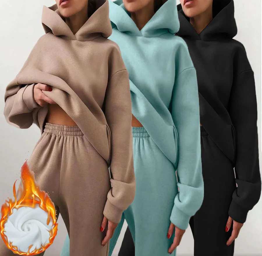 Womens Tracksuit Suit Winter Fashion Warm Hoodie Sweatshirts Two Pieces Oversized Solid Casual Hoody Pullovers Long Pant SetsX241016