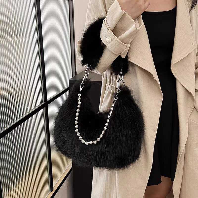 autumn winter furry bag design imitating fox fur armpit bag pearl chain shoulder bag dumpling bag 241015