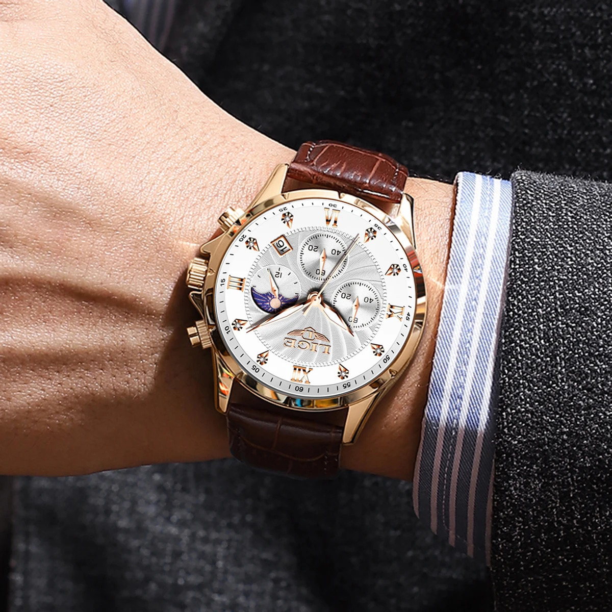 LIGE y Business Mens Watch Luminous Waterproof Leather Moon Phase Week Date Leisure Quartz Reloj Hombre 241009