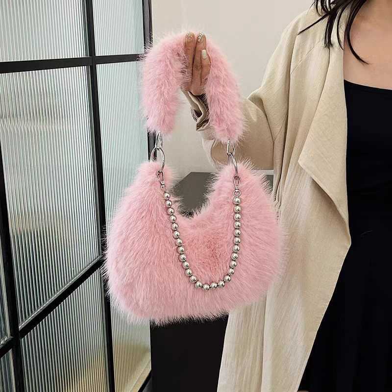 autumn winter furry bag design imitating fox fur armpit bag pearl chain shoulder bag dumpling bag 241015