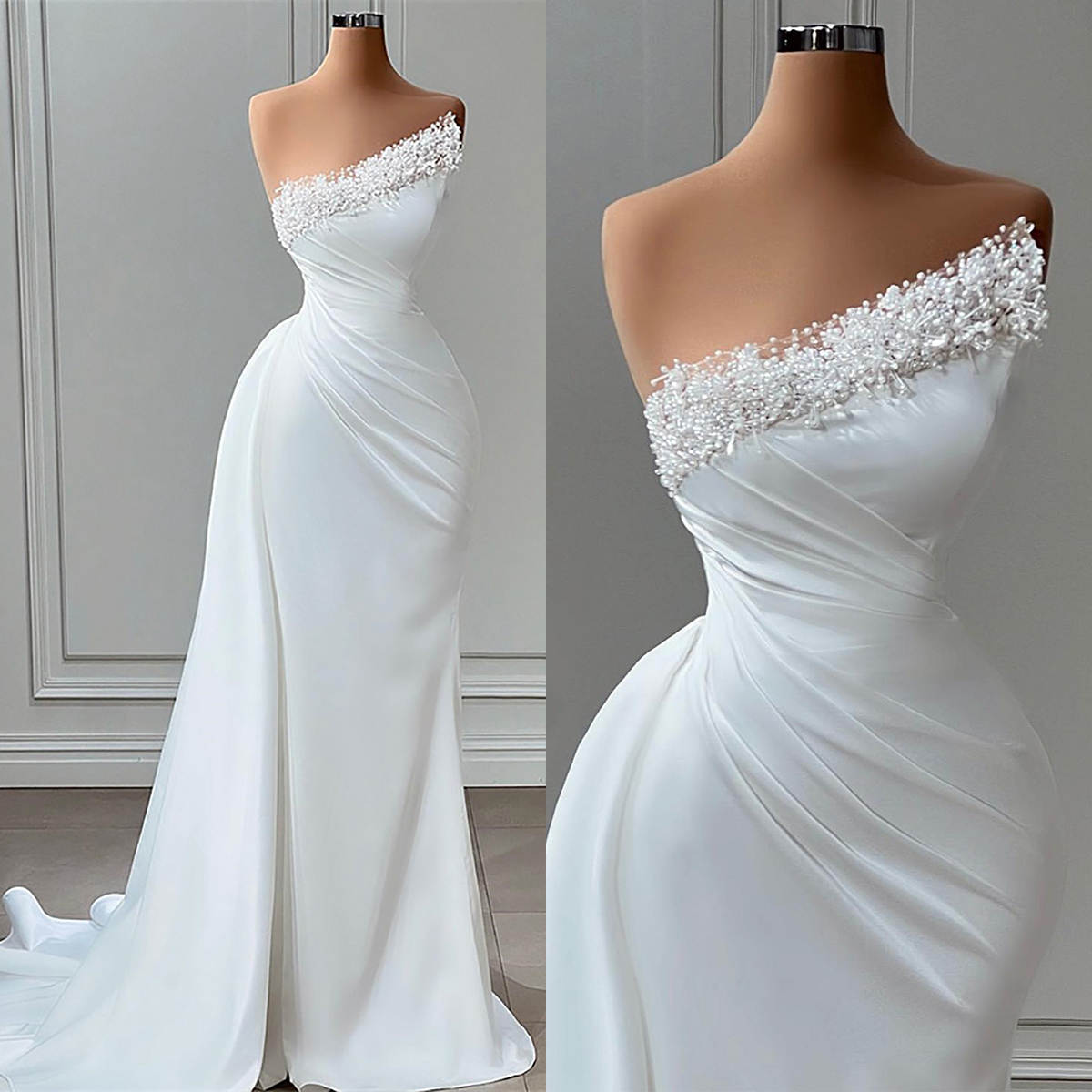 Modern Mermaid Wedding Dress Beaded Pearl Strapless Sleeveless Bride Gowns Tiered Sweep Train Bridal Dresses Custom Made