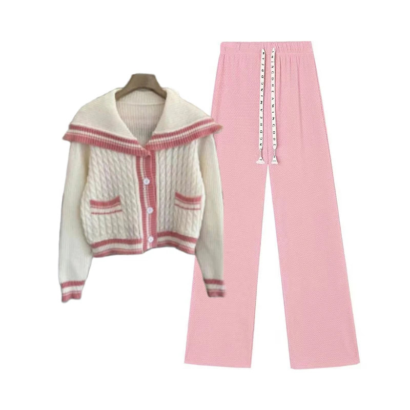 Knitted spring preparatory style sailor neck womens knitted cardigan elastic wide leg pants long sleeved Korean sportswear set 241017