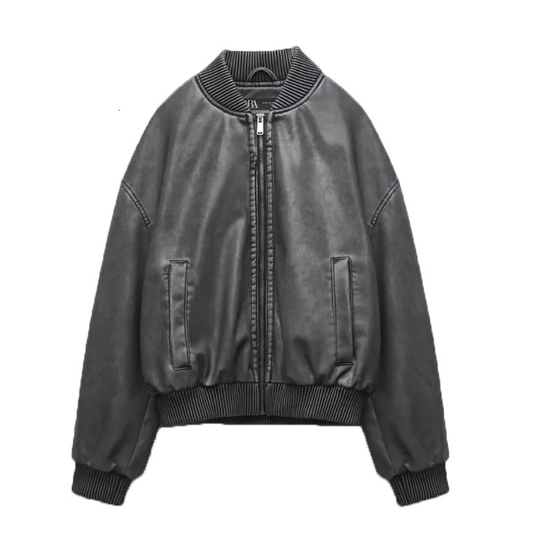 Women's Bombers Jackets Pu Solid Outwear Casual Loose Faux Leather Inszaarng Sleeve Top Fashion Vintage Woman Coat