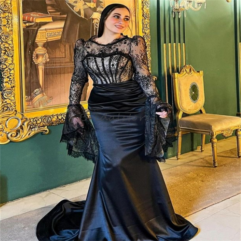 Plus Size Black Muslim Evening Dresses 2025 Lace Long Sleeve Mermaid Prom Dress Saudi Arabic Formal Occasion Birthday Party Gown Elegant Vestio De Fie