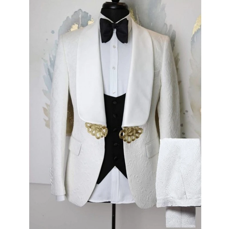 Floral Wedding Groom Tuxedo for Men Suits Slim Fit 3 Piece Custom Male Fashion Formal Costume Jacket With Black Waistcoat Latest