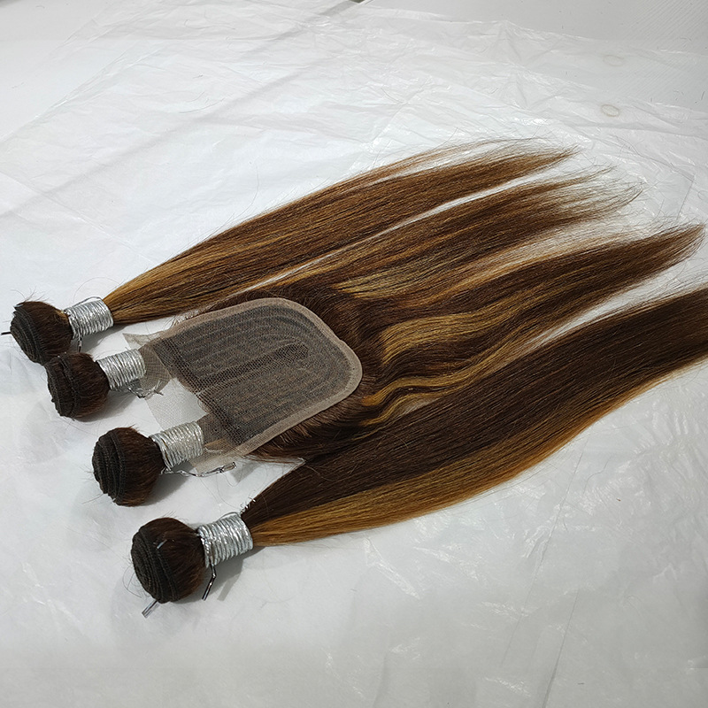 Brazilian Peruvian Human Hair Extensions P4/27 Straight 4 Bundles With 4*4 T Part Lace Closure 5 PCS Piano Color