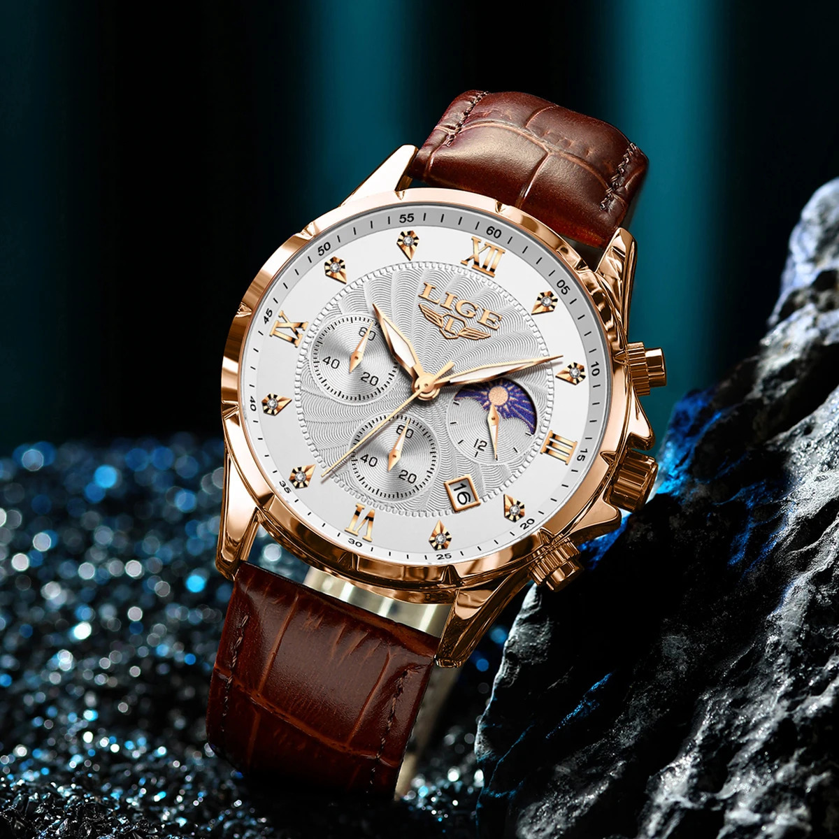 LIGE y Business Mens Watch Luminous Waterproof Leather Moon Phase Week Date Leisure Quartz Reloj Hombre 241009