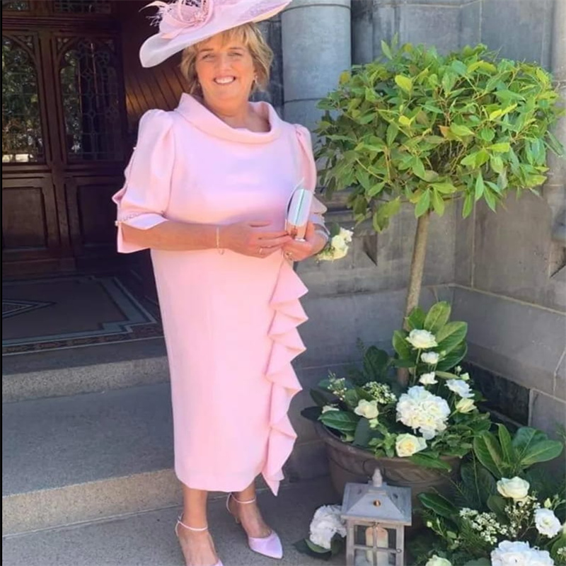 Chic Pink Mother Of The Bride Dress With Sleeves Elegant O Neck Beaded Tea Length Wedding Guest Dress Chiffon Short Evening Groom Mom Birthday Party W