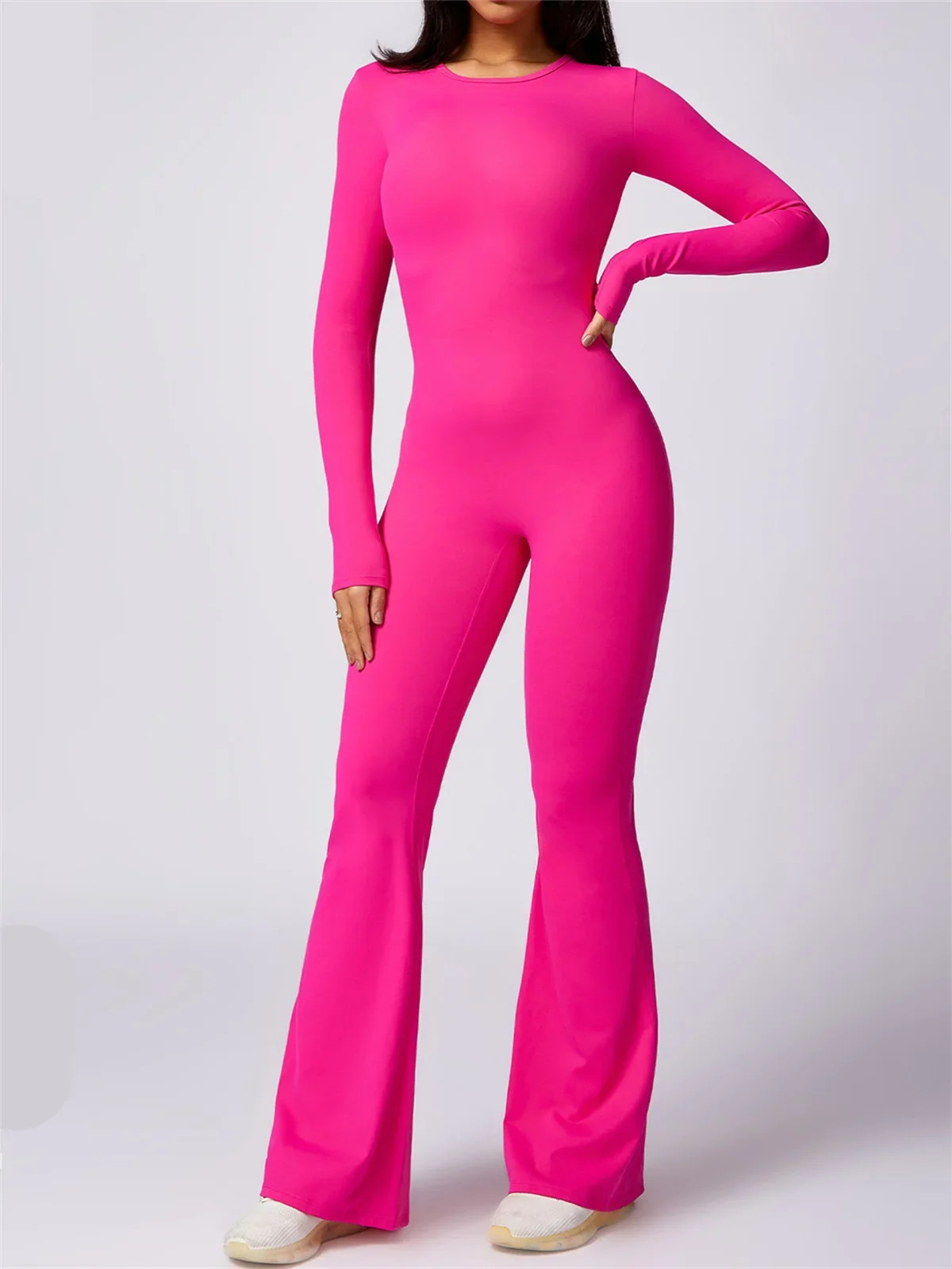 Sexy one-piece Flare yoga jumpsuit womens dance fitness long sleeved hollow backless workout gym Scrunch jumpsuit 241016