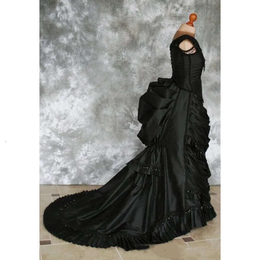Taffeta Gothic Black Beaded Victorian Bustle Gown With Train Vampire Ball Masquerade Halloween Wedding Dress Bc2634