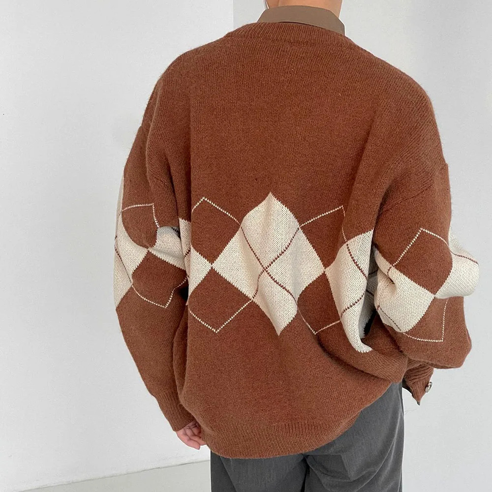 Mens Brown Y2K Knit Sweater Cardigan Retro Winter Blouse Outerwear Knitwear Korean Autumn Clothes Male 241017