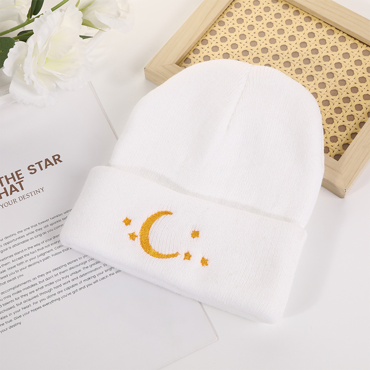 Europe-America Style Knitted Woolen Hoodie Cap Featuring Stars & Moons