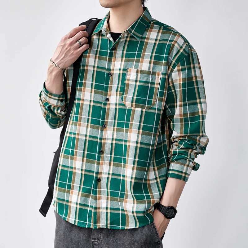 Spring Autumn Turn-down Collar Plaid Button Striped Solid Pockets Cardigan Long Sleeve Shirt Coats Casual Mens Clothing Tops LX241017