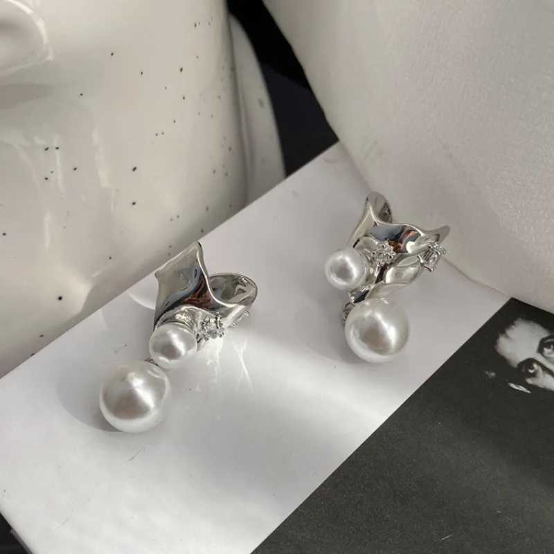 HUANZHI new silver irregular metal imitation pearl pendant earrings clip unisex womens personalized trend jewelry W241017