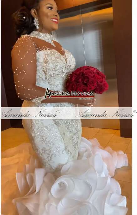 High Neckg Beading Ruffles Mermaid Wedding Dress For African Brides