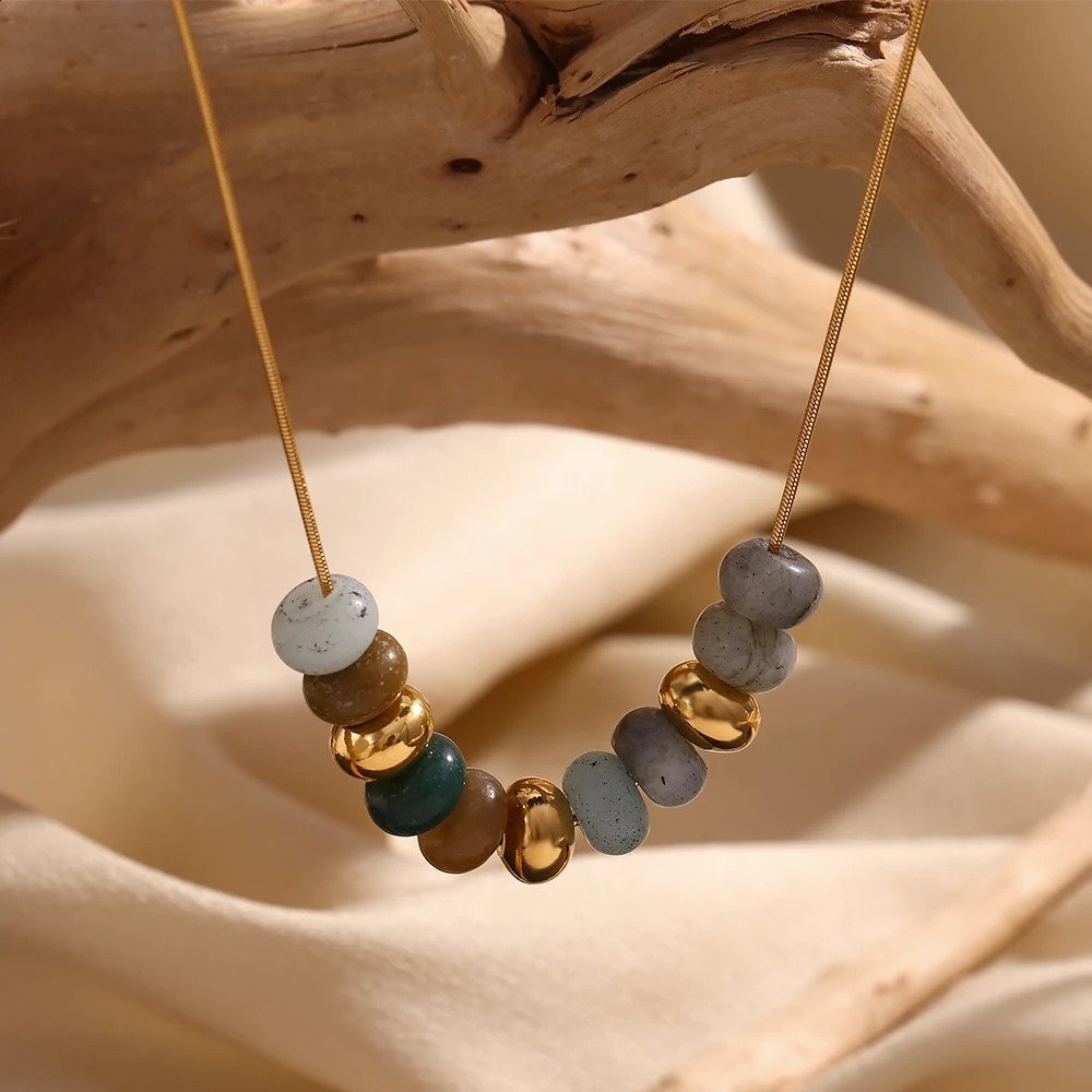 E. B.belle Natural Stone Bead Snake Chain Necklace 18K Gold Plated Jewelry 316L Stainless Steel Decoration 241017