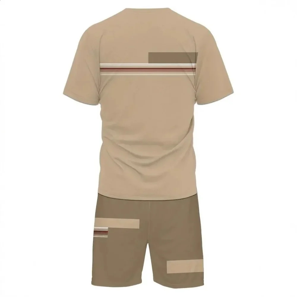 2pc Mens Novelty ColorBlocked Summerco Set Short Sleeve Crewneck TShirt Drawstring with Pockets 3D Digital T Shirt 241017