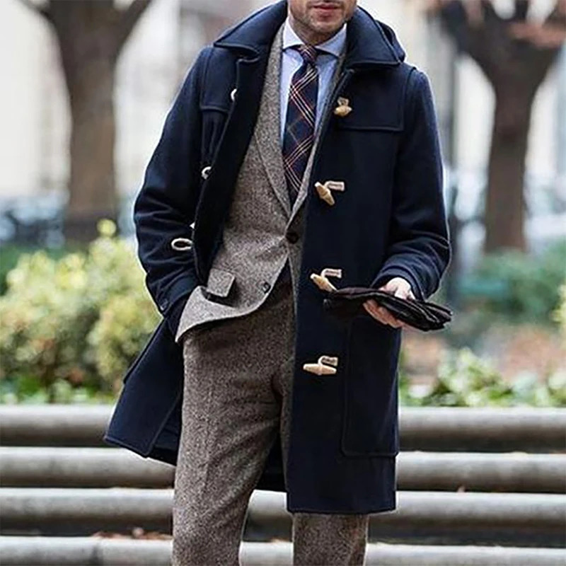 Men s Winter Duffle Coat Loose Fit Classic Wool Blend Long Sleeve Hood Toggle Outwear 241017
