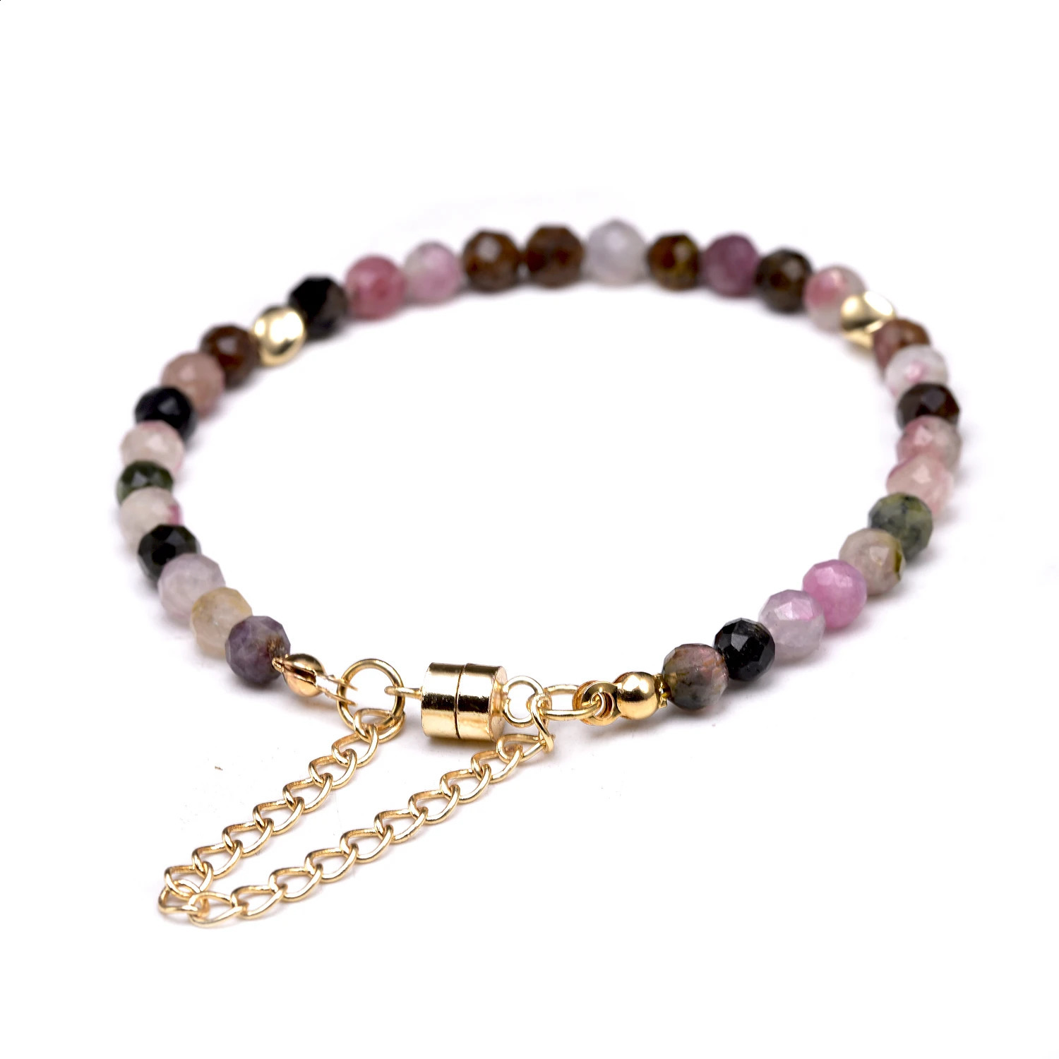 gold chain natural 5mm face stone rainbow multi-color tourmaline bracelet womens magnetic buckle BOHO jewelry 241017