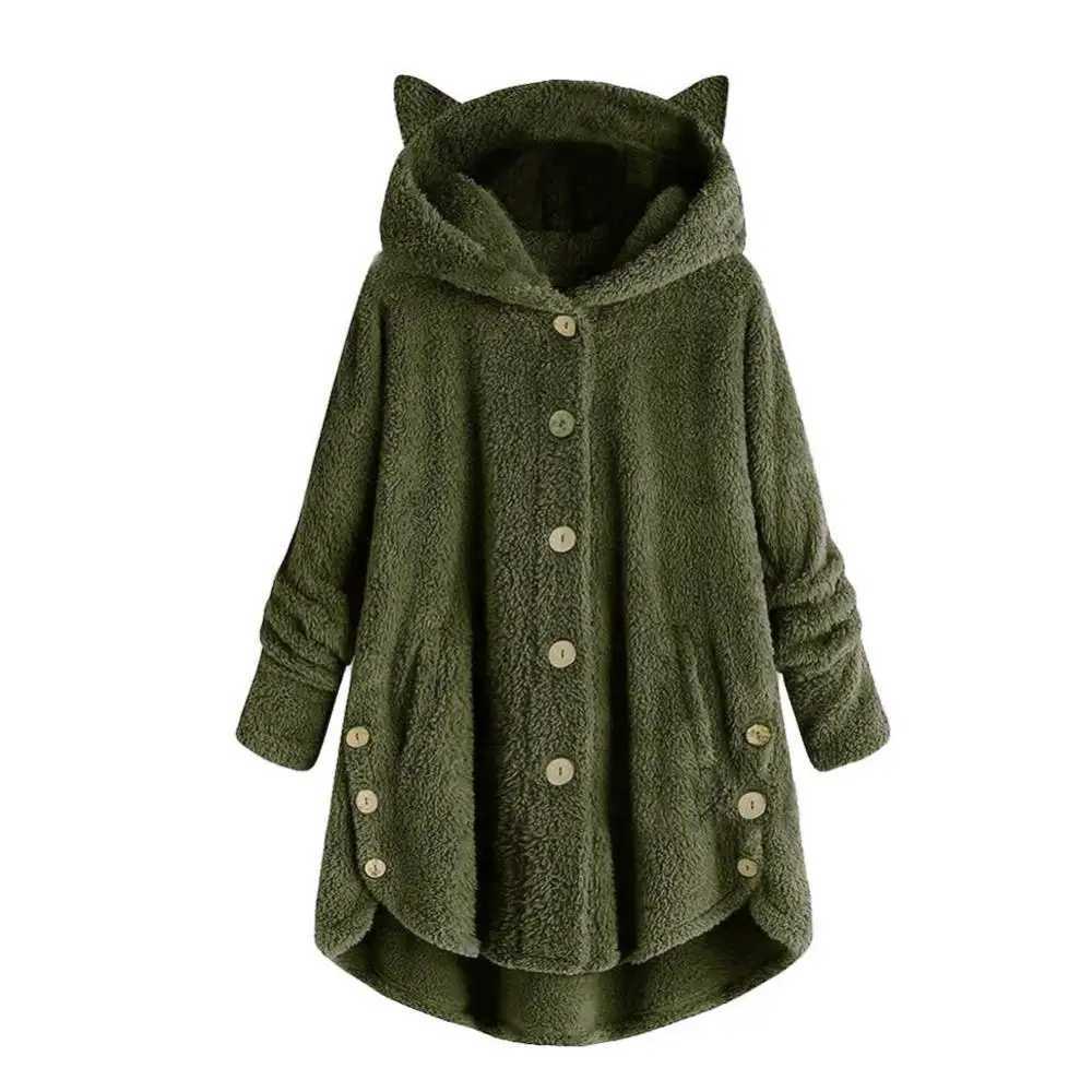 Cute Thick Plush Women Hoodies Winter Fur Cats Ears Hooded Irregular Hem Button Jacket Fleece Hoodies CoatX241016