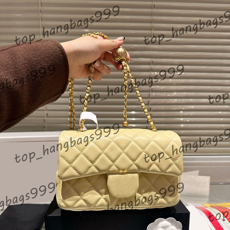 Yellow Lambskin Gold Small Metal Ball Classic Mini Flap Square Quilted Bags Fanny Pack Purse Matelasse Chain Cross Body Handbag Diamond Lattice Messenger Purse 20cm