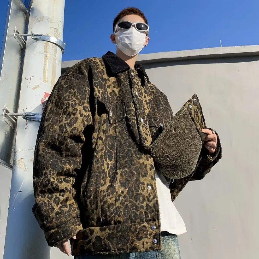 HOUZHOU Leopard Padded Jacket Mens Winter Trendy Double sided Sherpa Coat American Animal Print Warm Park Hip Hop 241008