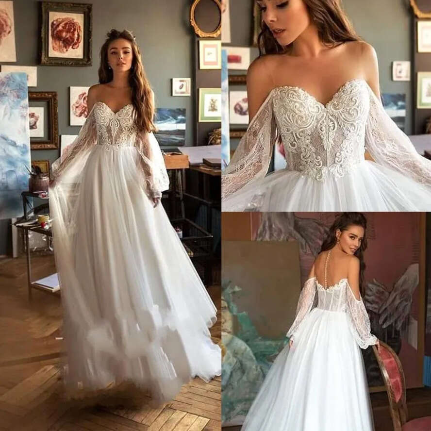 Sexy Country Appliqued Lace Sweetheart Long Sleeves A E Elegant Beach Boho Vintage Wedding Dresses Bridal Gowns Bc3049 legant