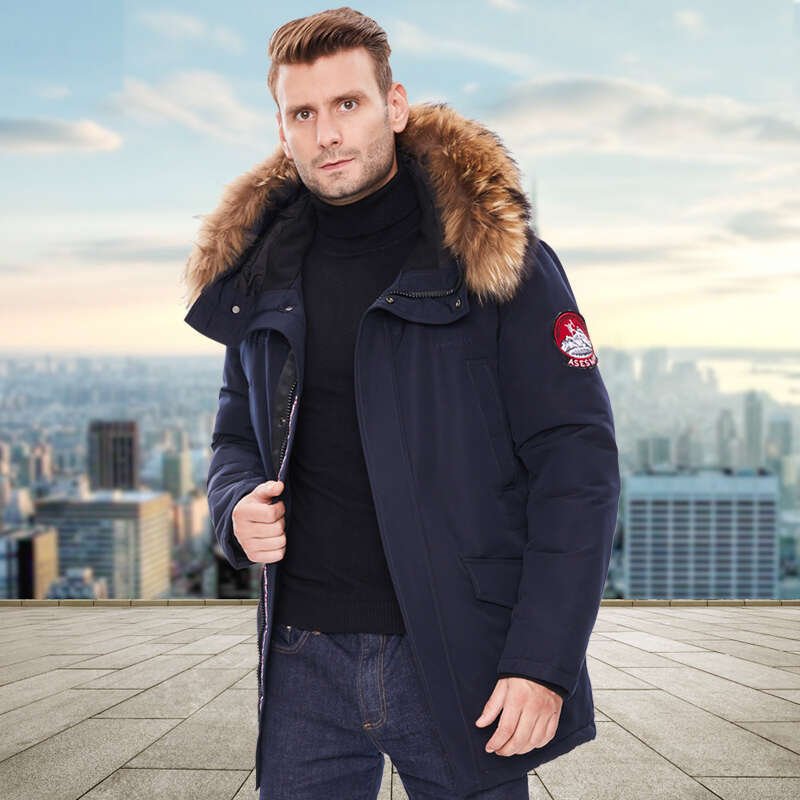 Asesmay Men Winter Jacket Parka With Raccoon Fur Hood Coat Thick Warm Puffer Orange Jackets Detachable Suspenders Plus Size