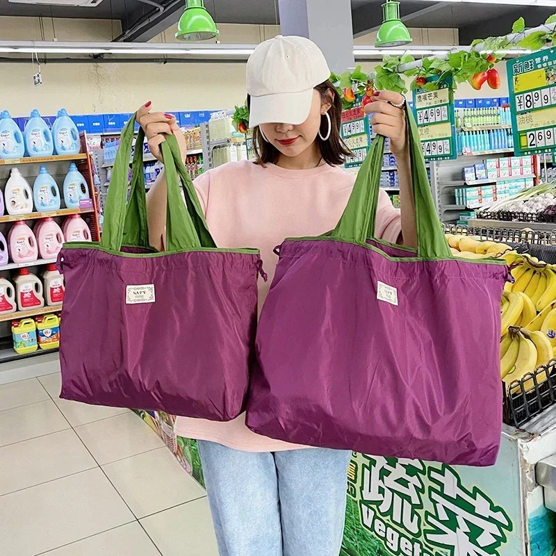 Foldable EcoFriendly Shoulder Bags Reusable Grocery Bag Large Capacity Shopping with Drawstring Clre 241011