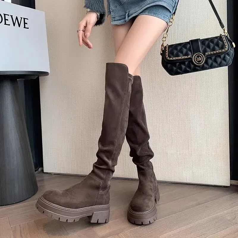 Designer Women Flats pulsh boot Platform Pleated Over The Knee Winter boots Trend New Gladiator Suede Boots Goth High Sock Botas 241118
