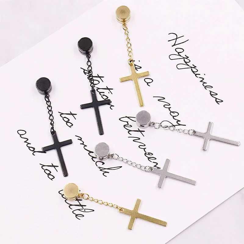 Punk Mens Powerful Magnet Cross Earnail Set with Non Perforated Fake Earnails for Boyfriend and Lover Jewelry W241017