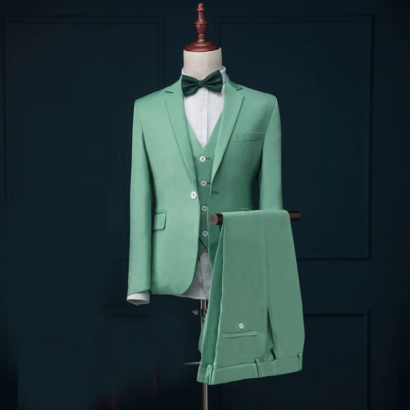 Formal Men Suits Slim Fit 3 Pieces Blazer Vest with Pants Wedding Groomsmen Tuxedo for Prom Mint Green Male Fashion Costume
