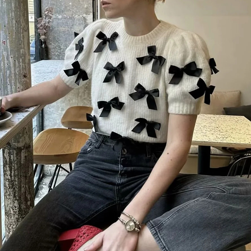 Women's Knitted Pullover Jumper Short Sleeveless Bow 2024 Knitwear Sexy Elegant Fashion Inszartrafaf Sweaters Woman Tops