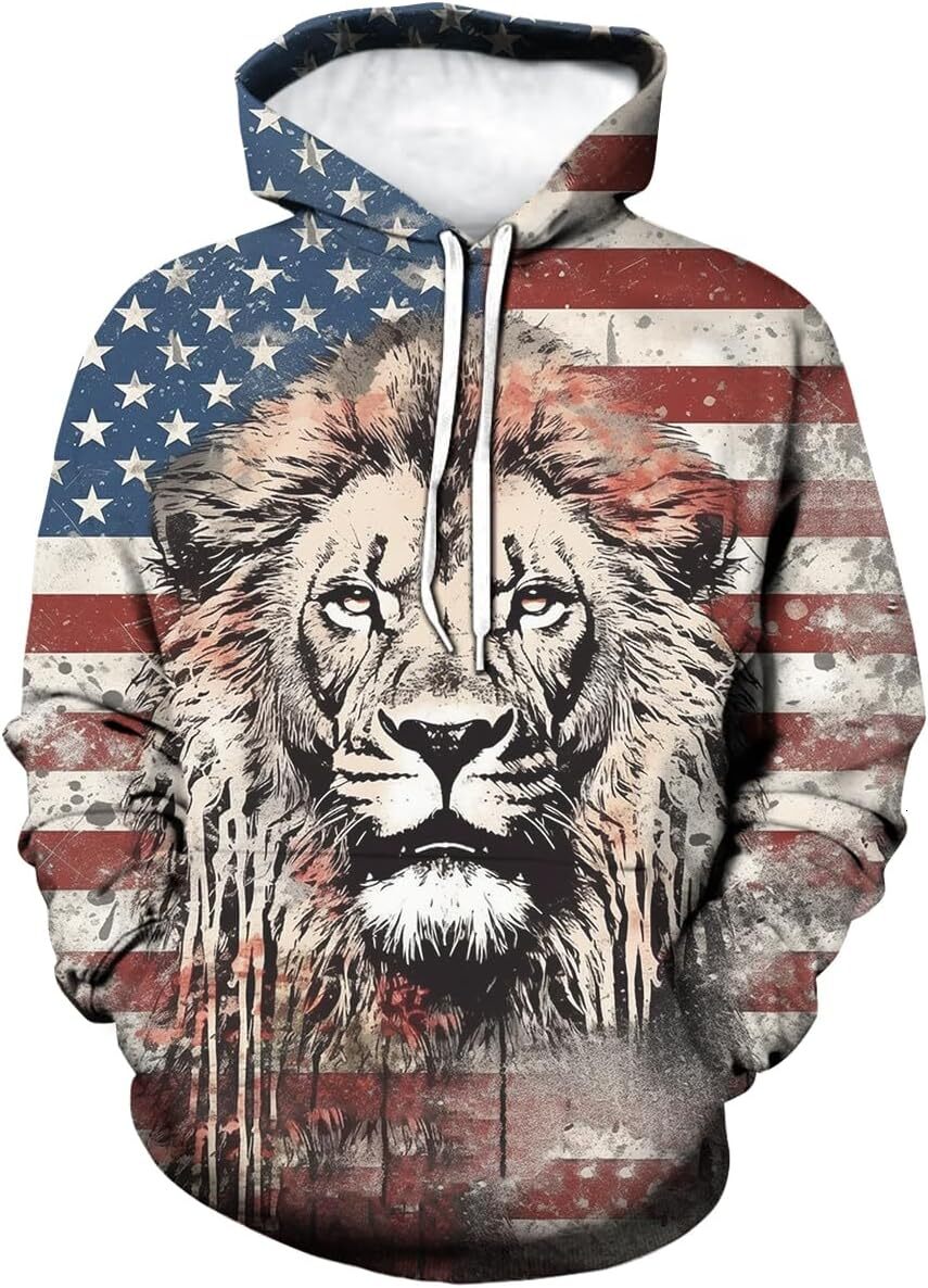 Hoodie for Mens Womens Splash-Ink American Flag Lion Hoodie Vintage Colorful Animal Hooded Sweatshirts Pullover Graphic Hoodies sweatshirt Fashionable