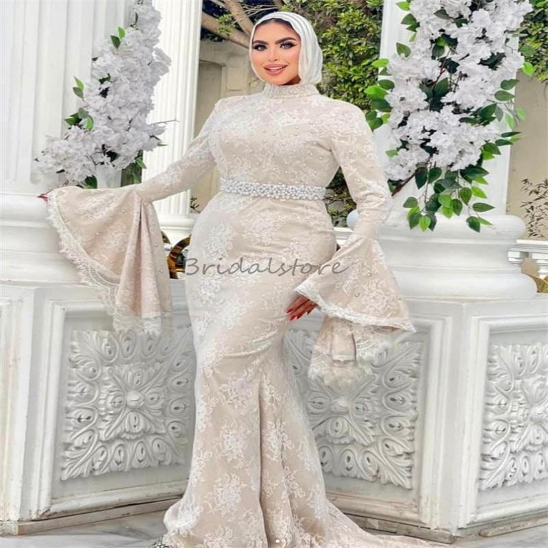 Gorgeous Champagne Arabic Evening Dress Plus Size Mermaid Middle East Full Lace Prom Dresses Beaded Abaya Turkey Formal Party Robe De Soiree Reception