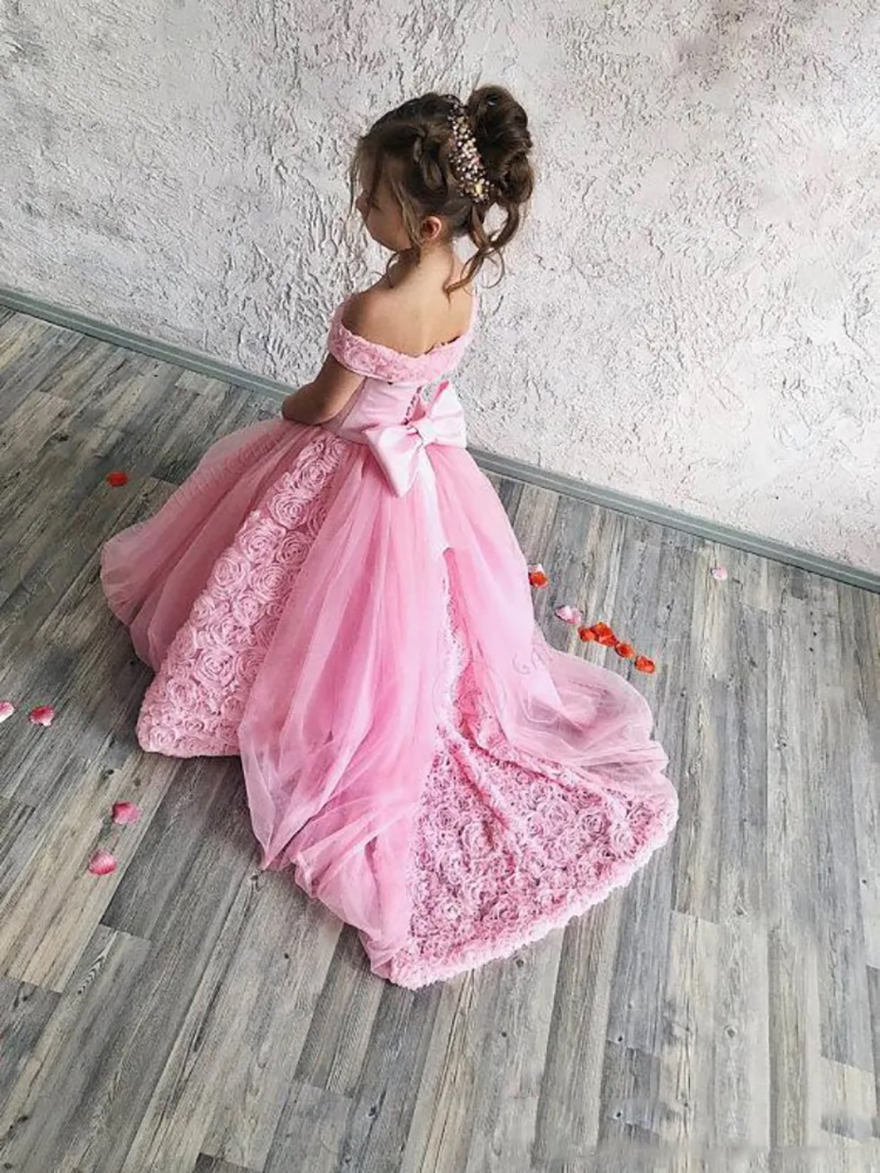 Pink Off Shoulder Flower Girl Dresses for Wedding Lace Floral Applique Girls Pageant Dress with Bow Kids Birthday Prom Dress