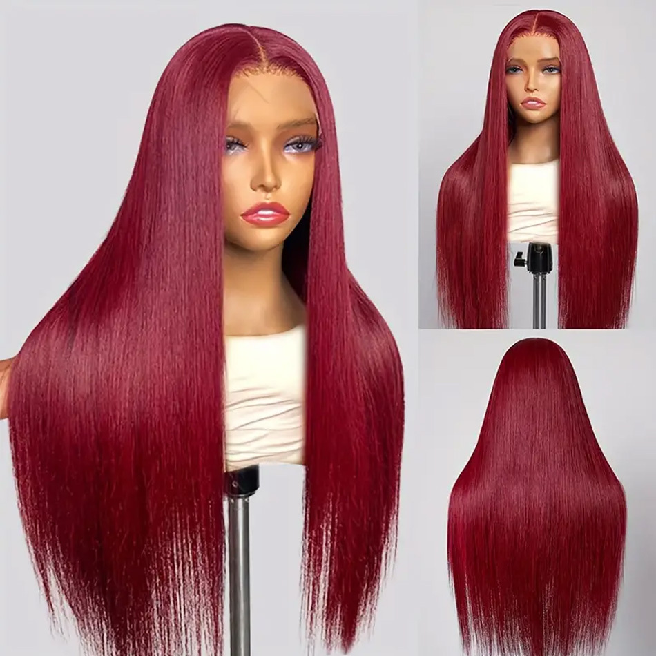 200 Density 30 32 Inch 99J Bury Straight 13X4 Front Human Hair Wig 13X6 Lace Frontal Wigs Red Curly Remy Brazilian Wine