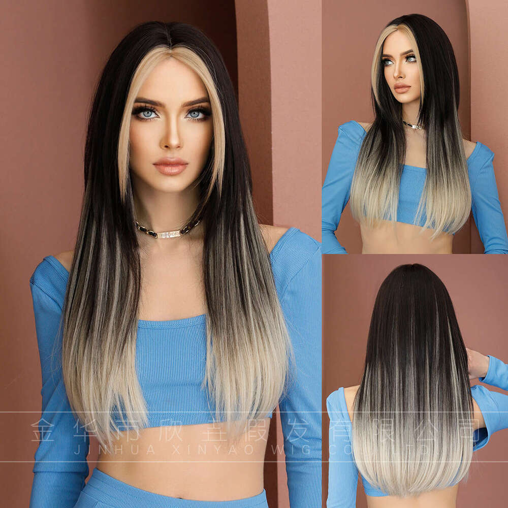Tik Tok Full Headset Layered Black Crossdye Gold Wig Middle Split Long Hair