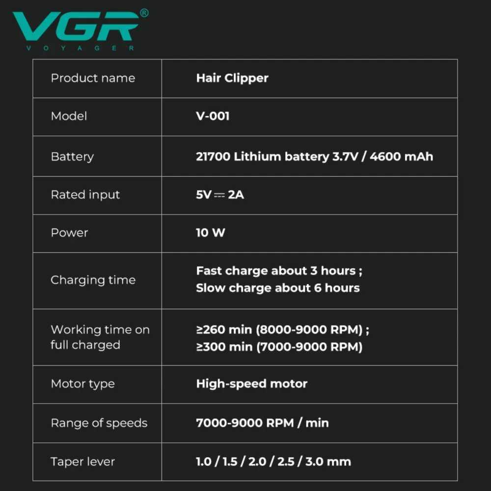 VGR Hair Clipper Professional Hair Clipper Rechargeable Hair Clipper 9000 RPM DLC Mens Blade Clipper V-001 W241017
