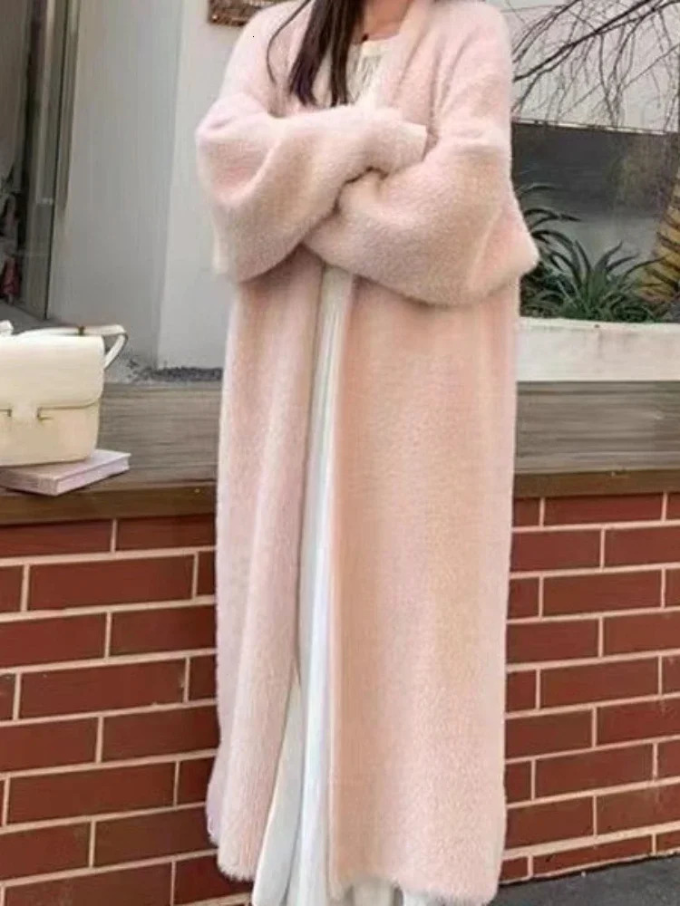 Elegant Vintage Knitted Coat Winter Soft Loose Jacket Korean Casual Autumn Winter Fur Cardigan Women Solid Color Long Sweaters 241017
