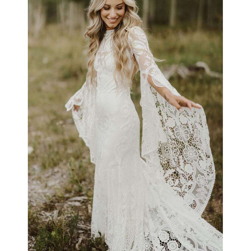 Xunbei Boho Wedding Dress For Women Lace Appqulies Trumpet Sleeves Illusion Mermaid Dresses Countryside Pastrol Party Bride Gown Bc19639 0213